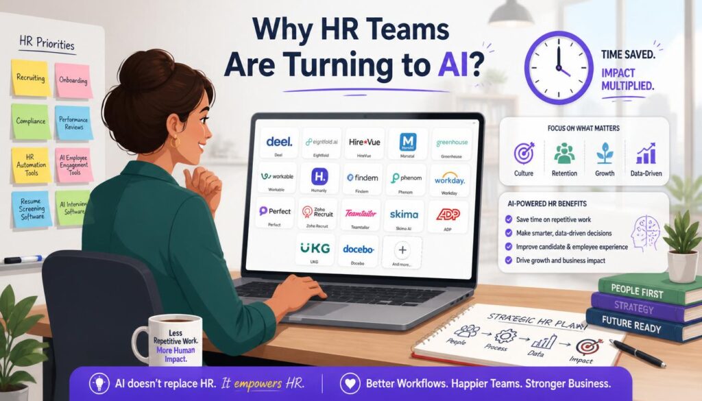 Modern illustration of why HR teams are turning to AI with recruiting onboarding compliance performance reviews and strategic focus icons.