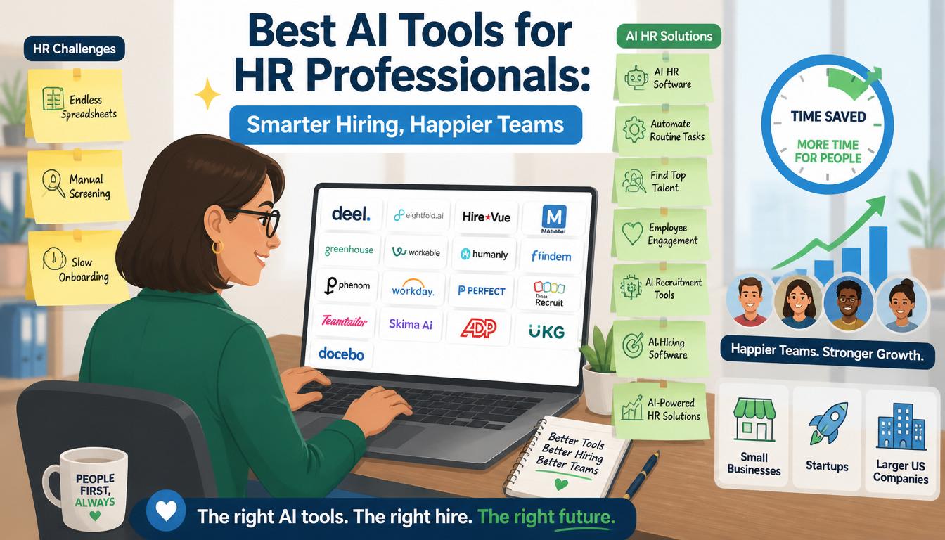 Modern illustration of best AI tools for HR professionals with smarter hiring automation and happier employee engagement icons.