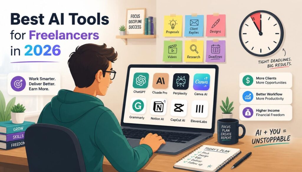 Modern illustration of best AI tools for freelancers in 2026 with writing design code proposal and client icons.