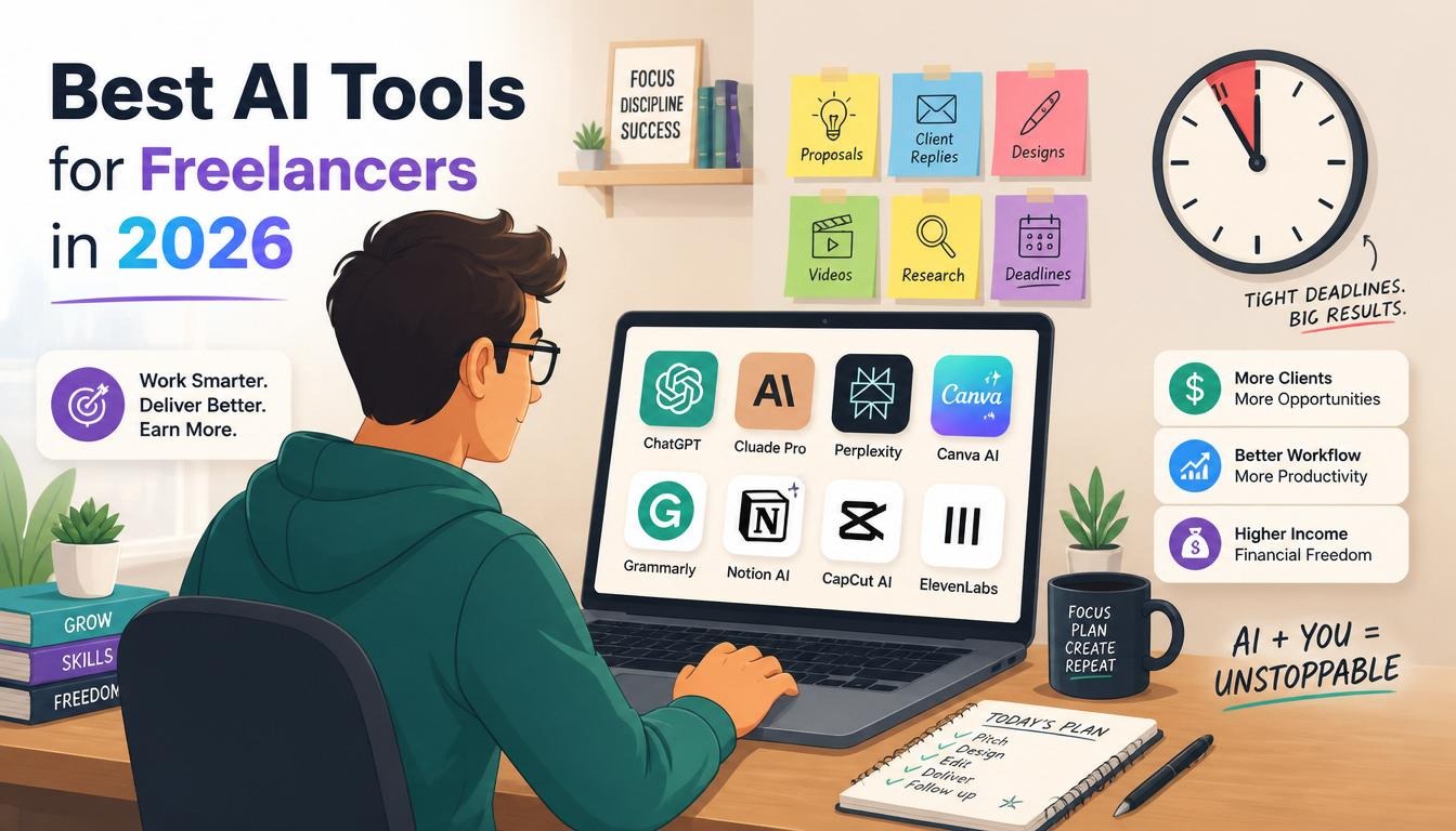 Modern illustration of best AI tools for freelancers in 2026 with writing design code proposal and client icons.