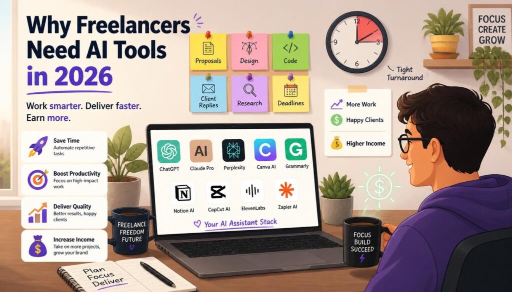 Modern illustration of why freelancers need AI tools in 2026 with proposals design code client communication and deadlines.