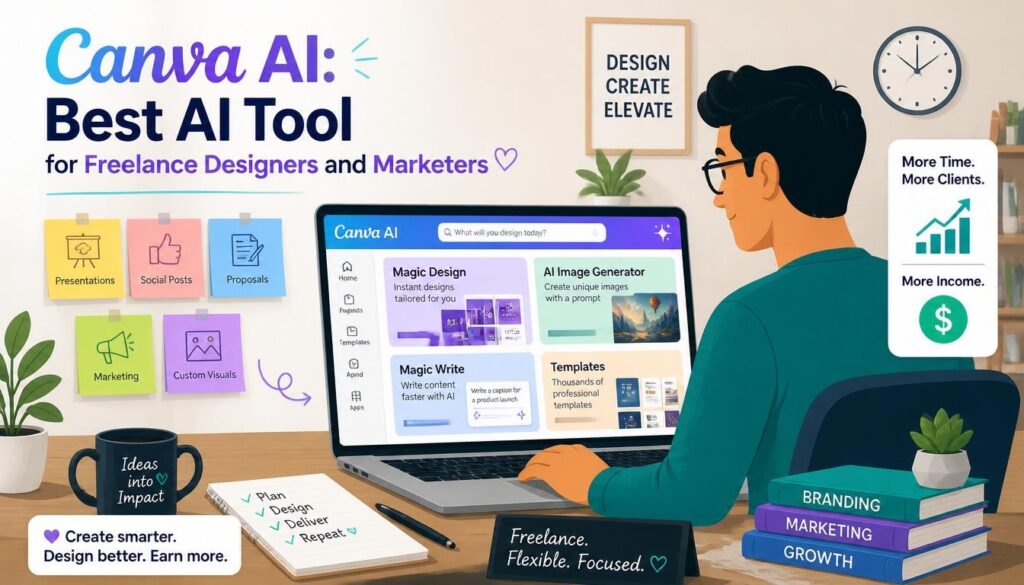 Modern illustration of Canva AI as best AI tool for freelance designers marketers with presentations social posts and AI images.