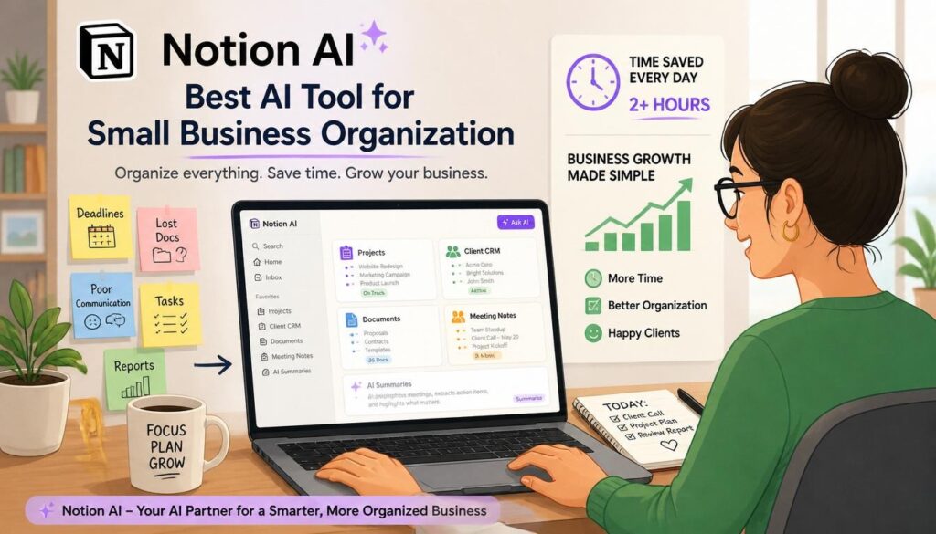 Modern illustration of Notion AI as best AI tool for small business organization with projects clients docs and AI summaries.