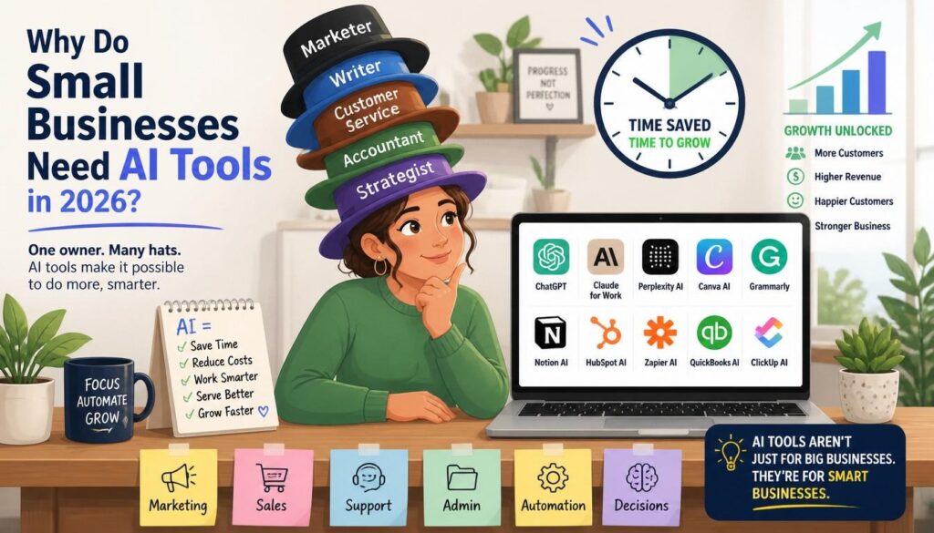 Modern illustration of why small businesses need AI tools in 2026 with marketing writing customer service accounting and strategy icons.