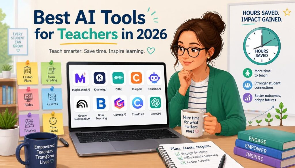 Modern illustration of best AI tools for teachers in 2026 with lesson planning grading classroom materials and time saved icons.