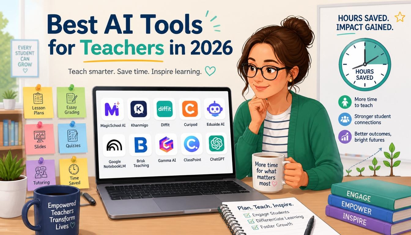Modern illustration of best AI tools for teachers in 2026 with lesson planning grading classroom materials and time saved icons.