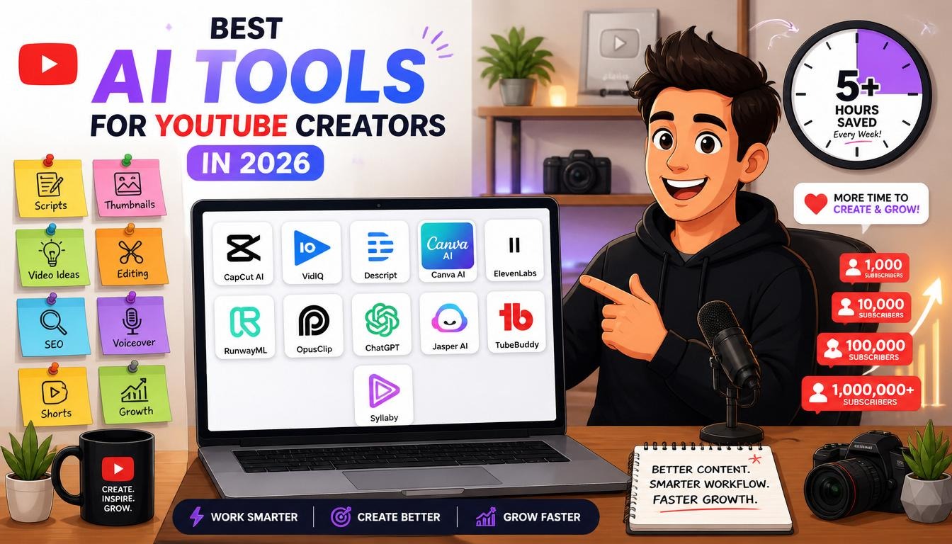 Modern illustration of best AI tools for YouTube creators in 2026 with scripts thumbnails video ideas editing SEO and growth icons.