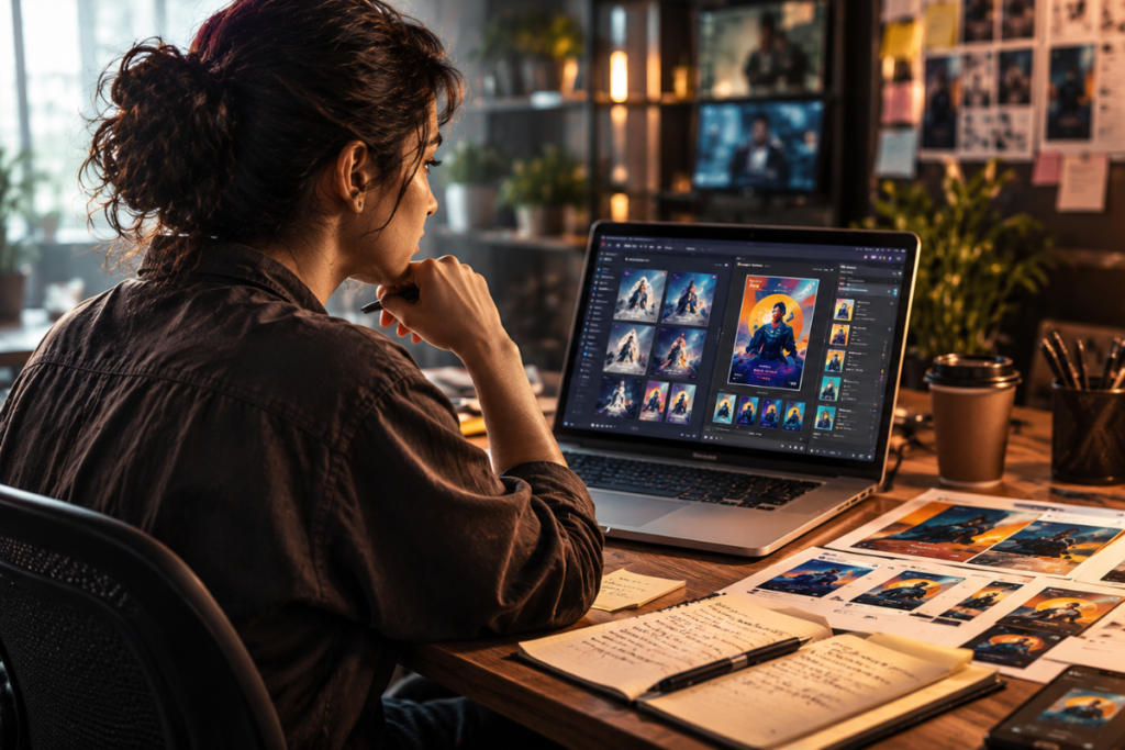 Graphic designer balancing deadlines, revisions, and AI-assisted creative work