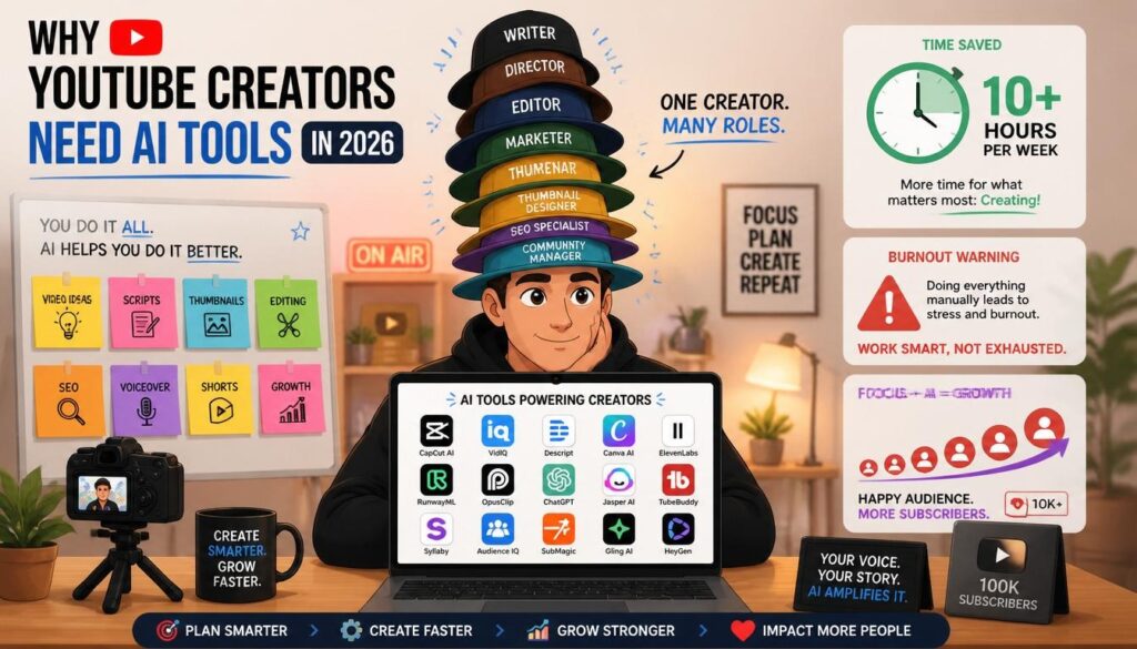 Modern illustration of why YouTube creators need AI tools in 2026 with writer director editor marketer thumbnail SEO community and burnout icons.