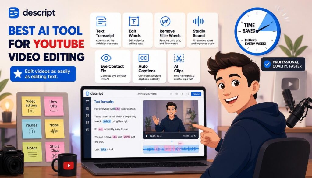 Modern illustration of Descript as best AI tool for YouTube video editing with transcript editing filler words noise eye contact and captions.