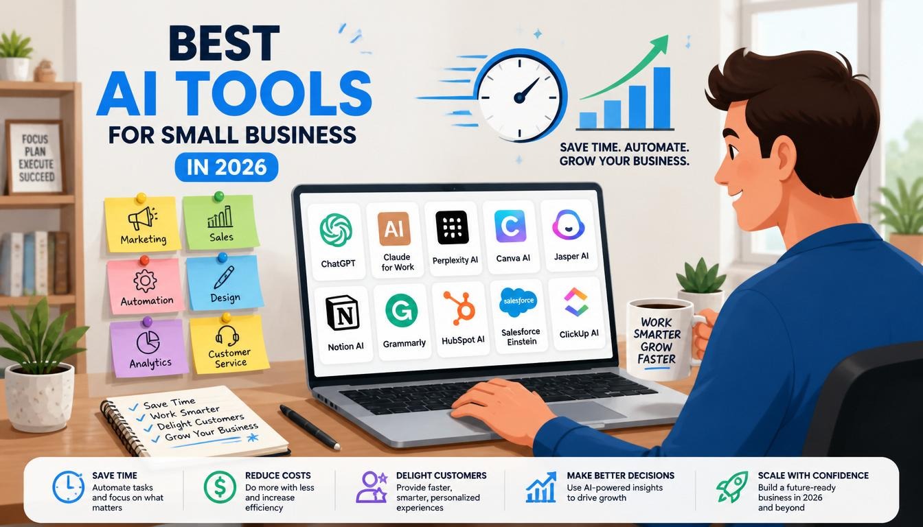 Modern illustration of best AI tools for small business in 2026 with marketing sales automation design and analytics icons.