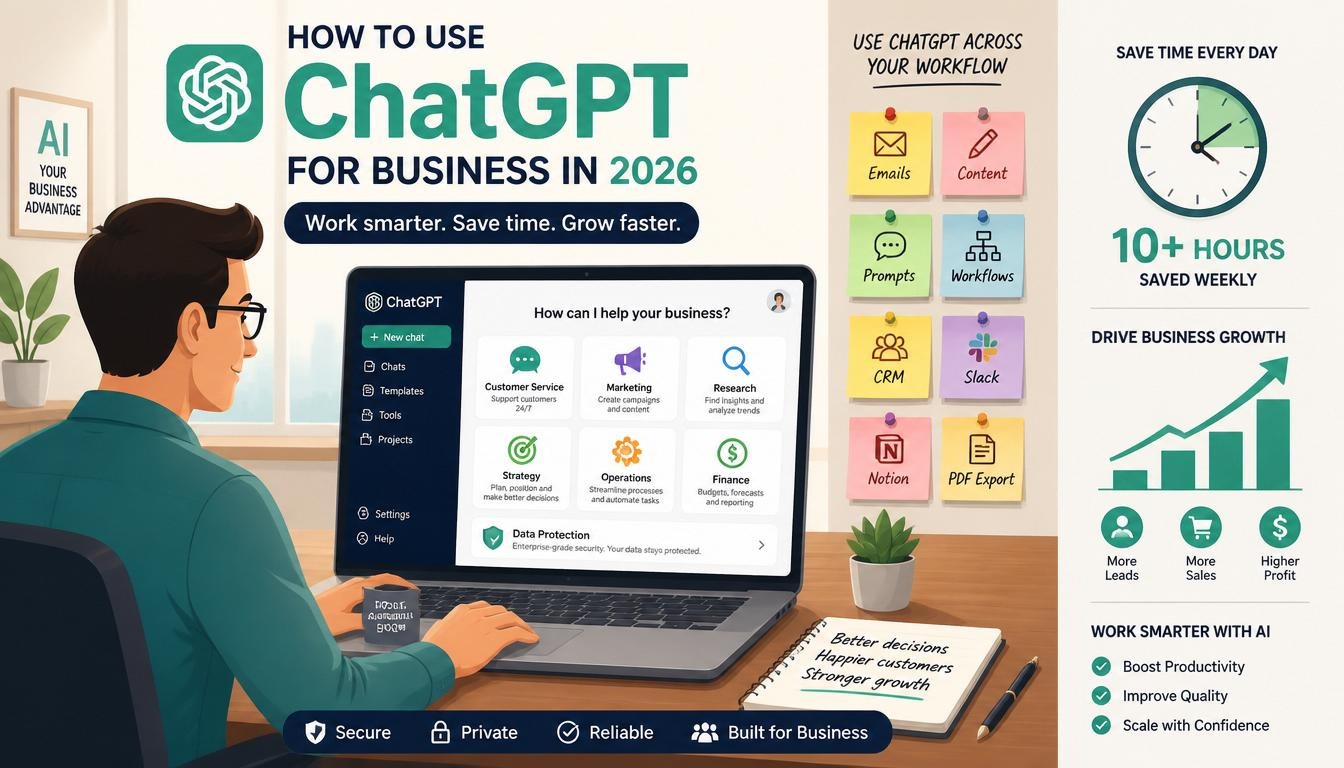 Modern illustration of how to use ChatGPT for business in 2026 with customer service marketing research strategy and operations icons.