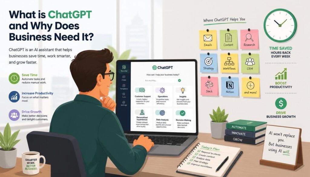 Modern illustration of what is ChatGPT and why business needs it with customer support operations insights and personalized experiences icons.