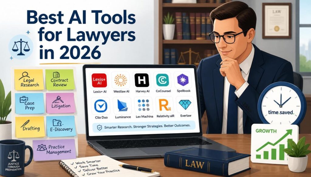 Modern illustration of best AI tools for lawyers in 2026 with legal research contract review case preparation and litigation icons.