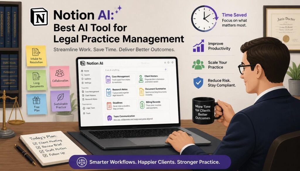 Modern illustration of Notion AI as best AI tool for legal practice management with case management client matters research notes and summaries.