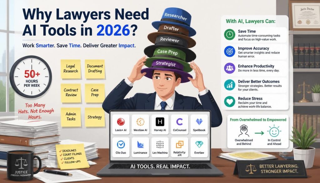 Modern illustration of why lawyers need AI tools in 2026 with legal research document drafting contract review case prep and time saved icons.