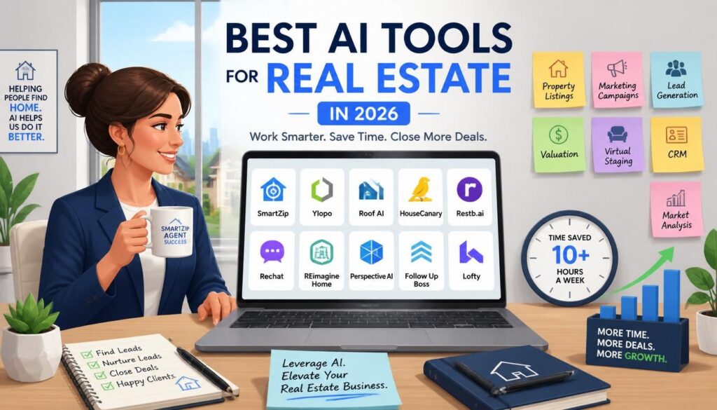 Modern illustration of best AI tools for real estate in 2026 with property listings marketing campaigns lead generation and valuation icons.