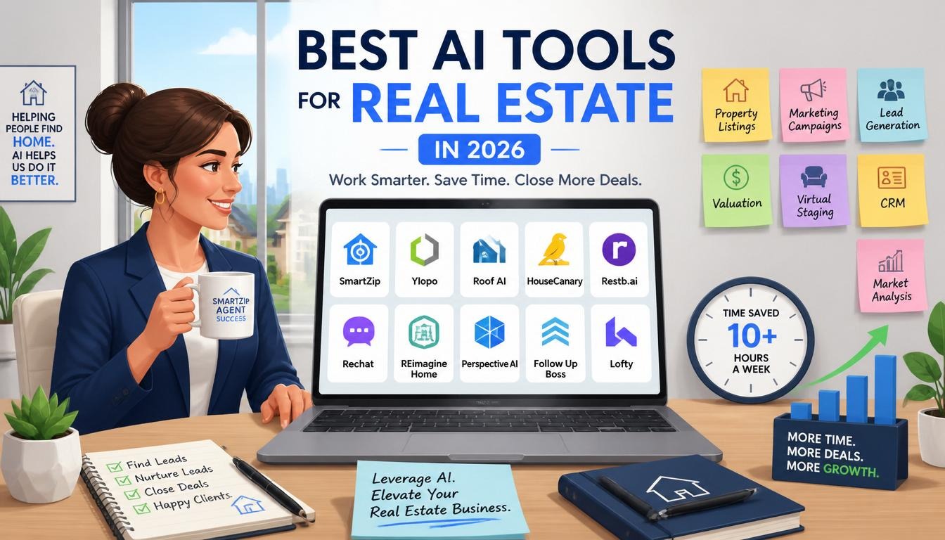 Modern illustration of best AI tools for real estate in 2026 with property listings marketing campaigns lead generation and valuation icons.