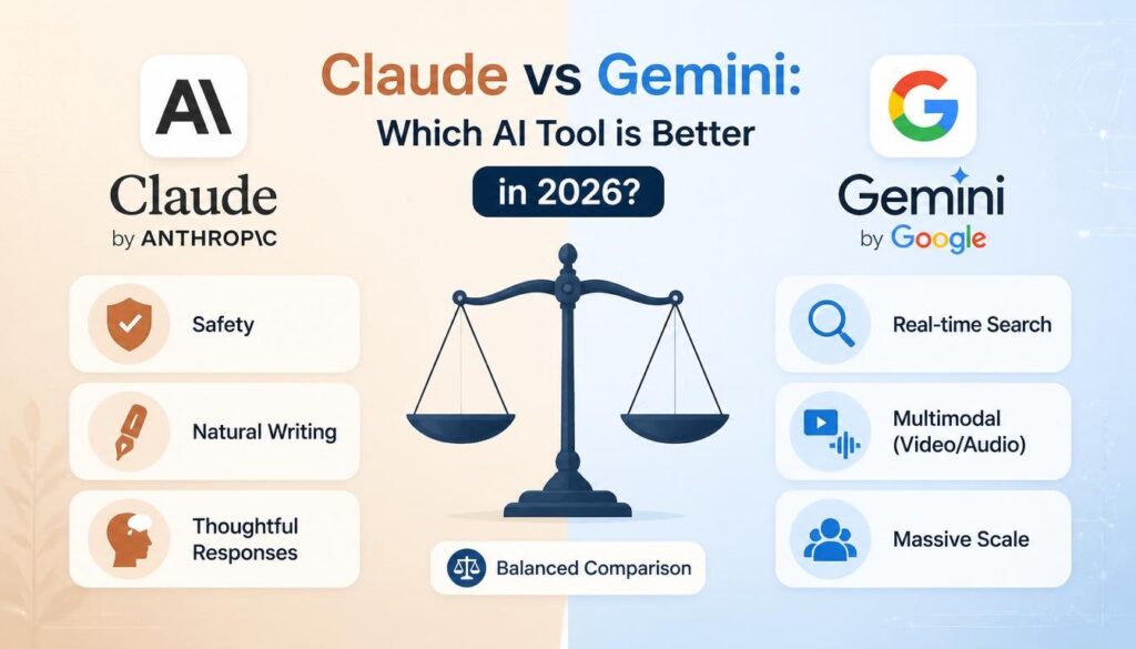 Modern comparison of Claude and Gemini as best AI tools in 2026 with safety and natural writing for Claude and real time information for Gemini.