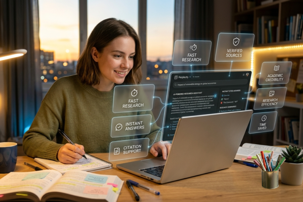 College student using Perplexity AI to get cited research answers fast.
