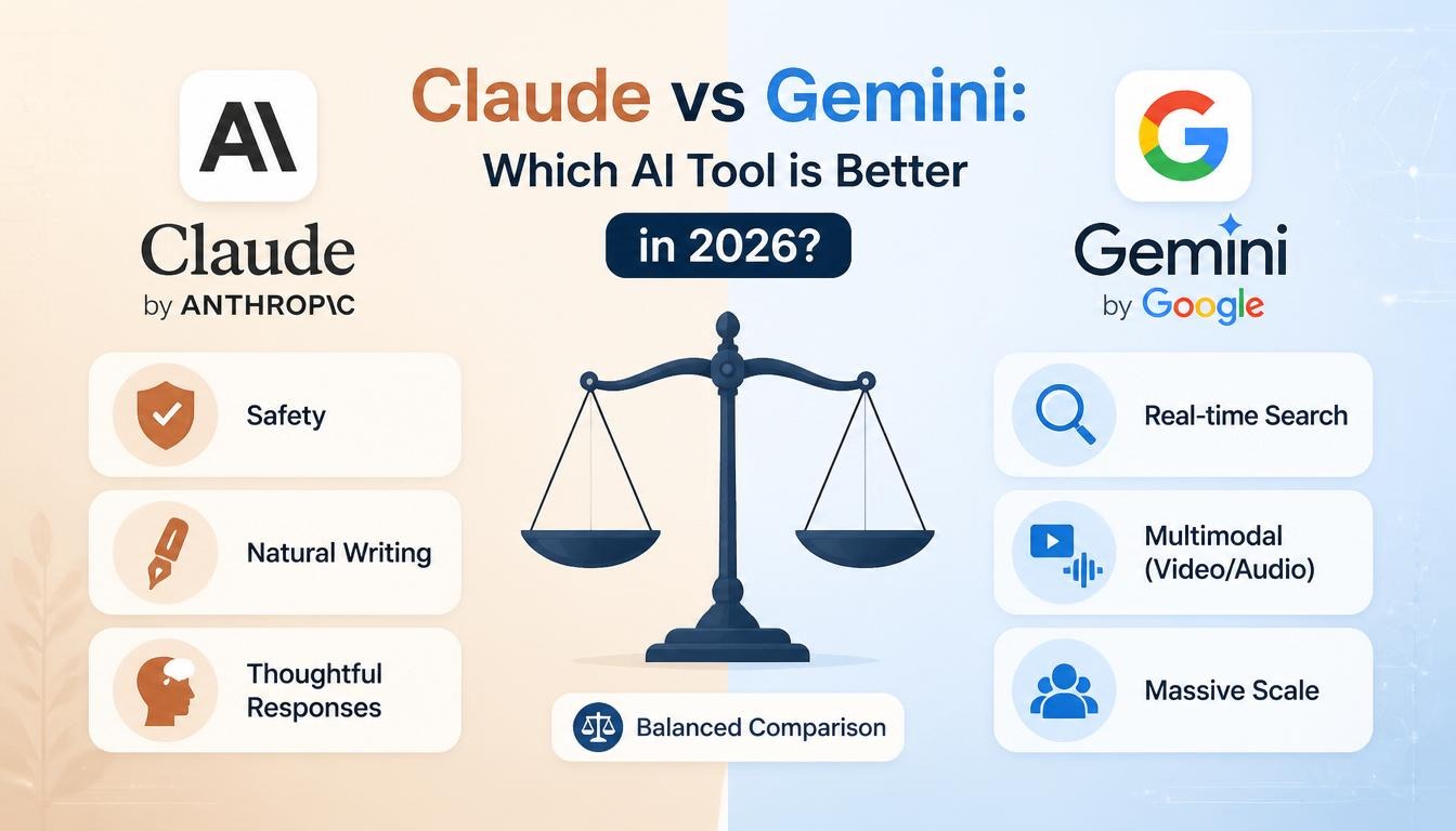 Modern comparison of Claude and Gemini as best AI tools in 2026 with safety and natural writing for Claude and real time information for Gemini.
