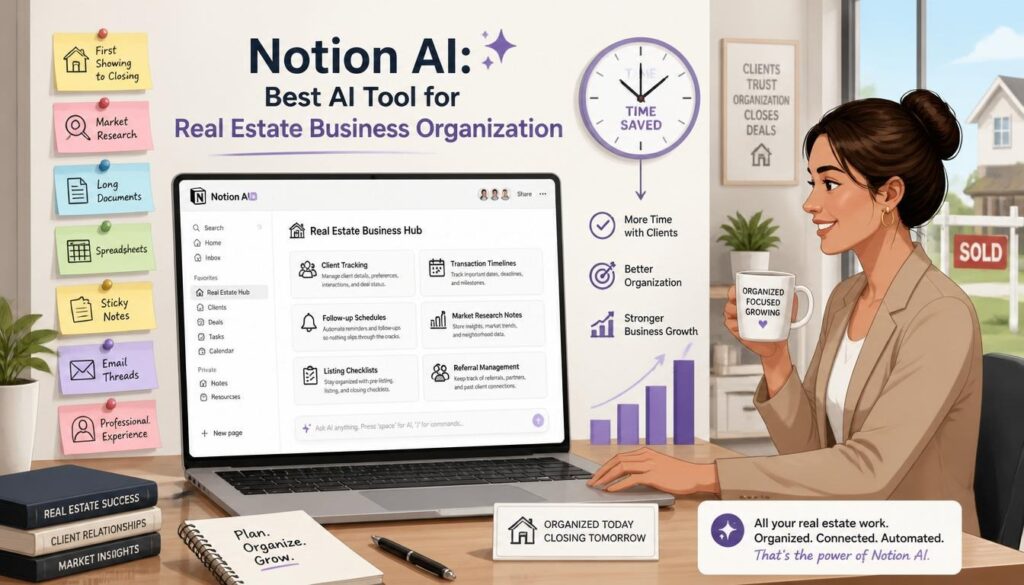 Modern illustration of Notion AI as best AI tool for real estate business organization with client tracking transaction timelines and market research icons.