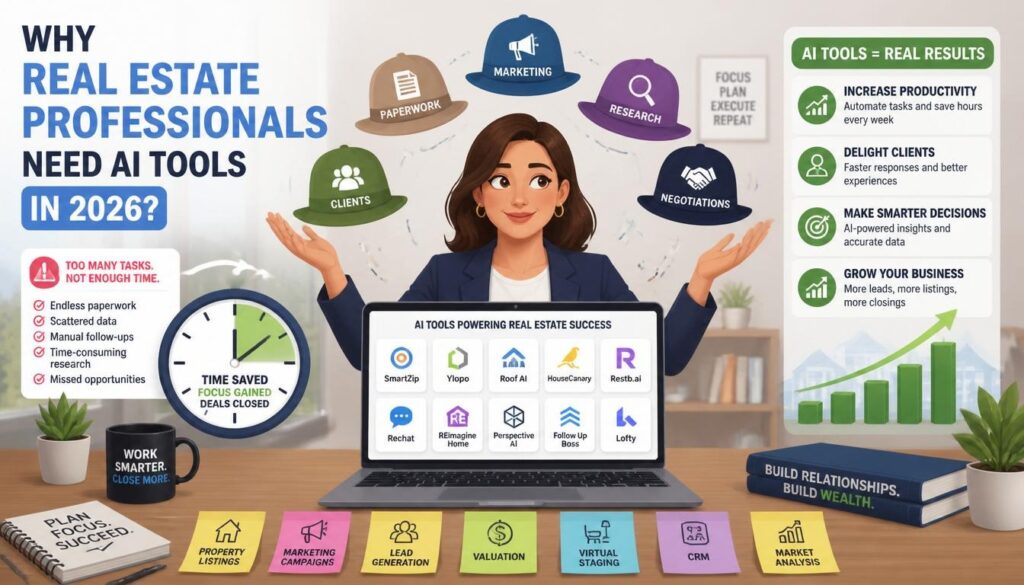 Modern illustration of why real estate professionals need AI tools in 2026 with clients paperwork marketing research negotiations and time saved icons.