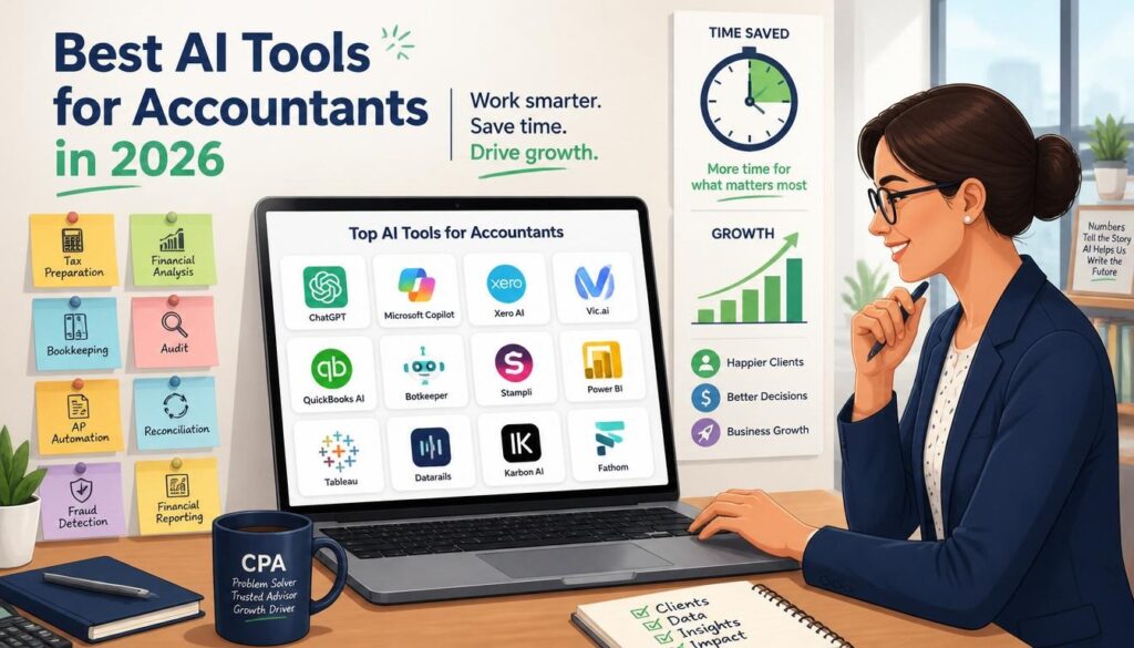 Modern illustration of best AI tools for accountants in 2026 with tax preparation financial analysis and bookkeeping automation icons.