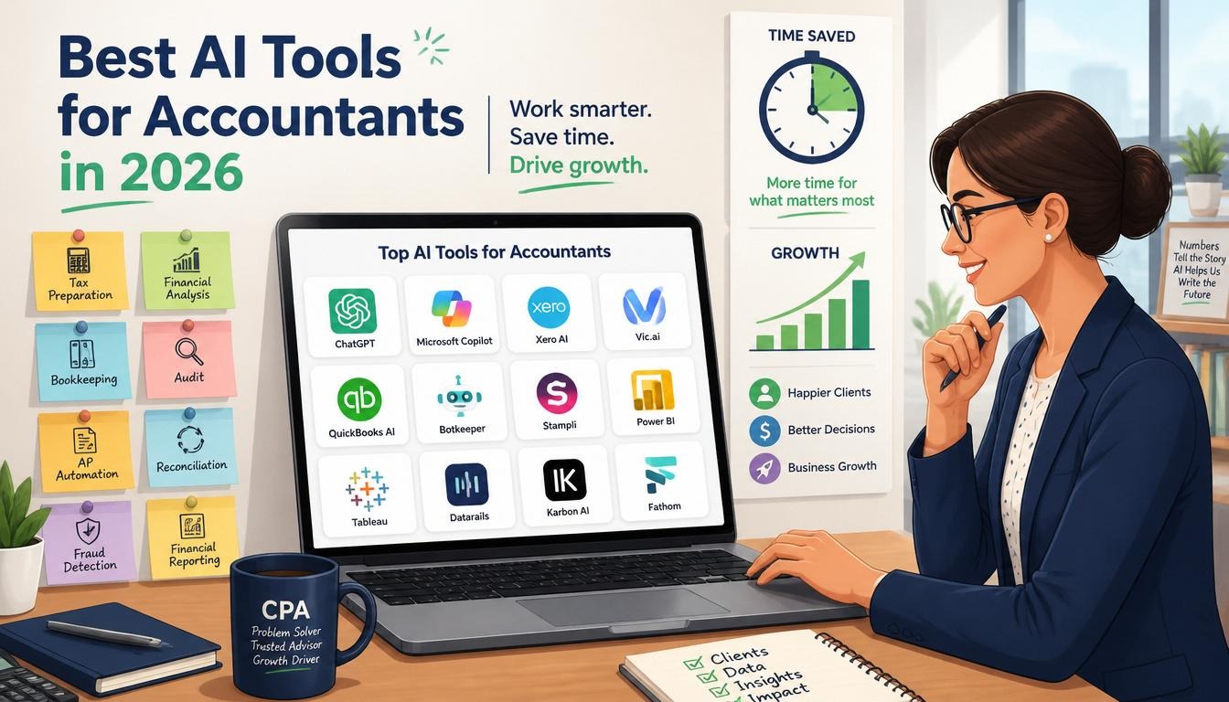Modern illustration of best AI tools for accountants in 2026 with tax preparation financial analysis and bookkeeping automation icons.