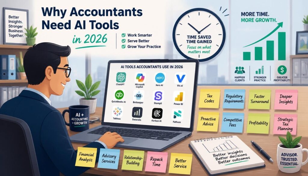 Modern illustration of why accountants need AI tools in 2026 with tax codes regulatory requirements client service and time saved icons.