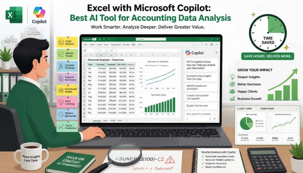 Modern illustration of Excel with Microsoft Copilot as best AI tool for accounting data analysis with datasets trends formulas and financial summaries icons.