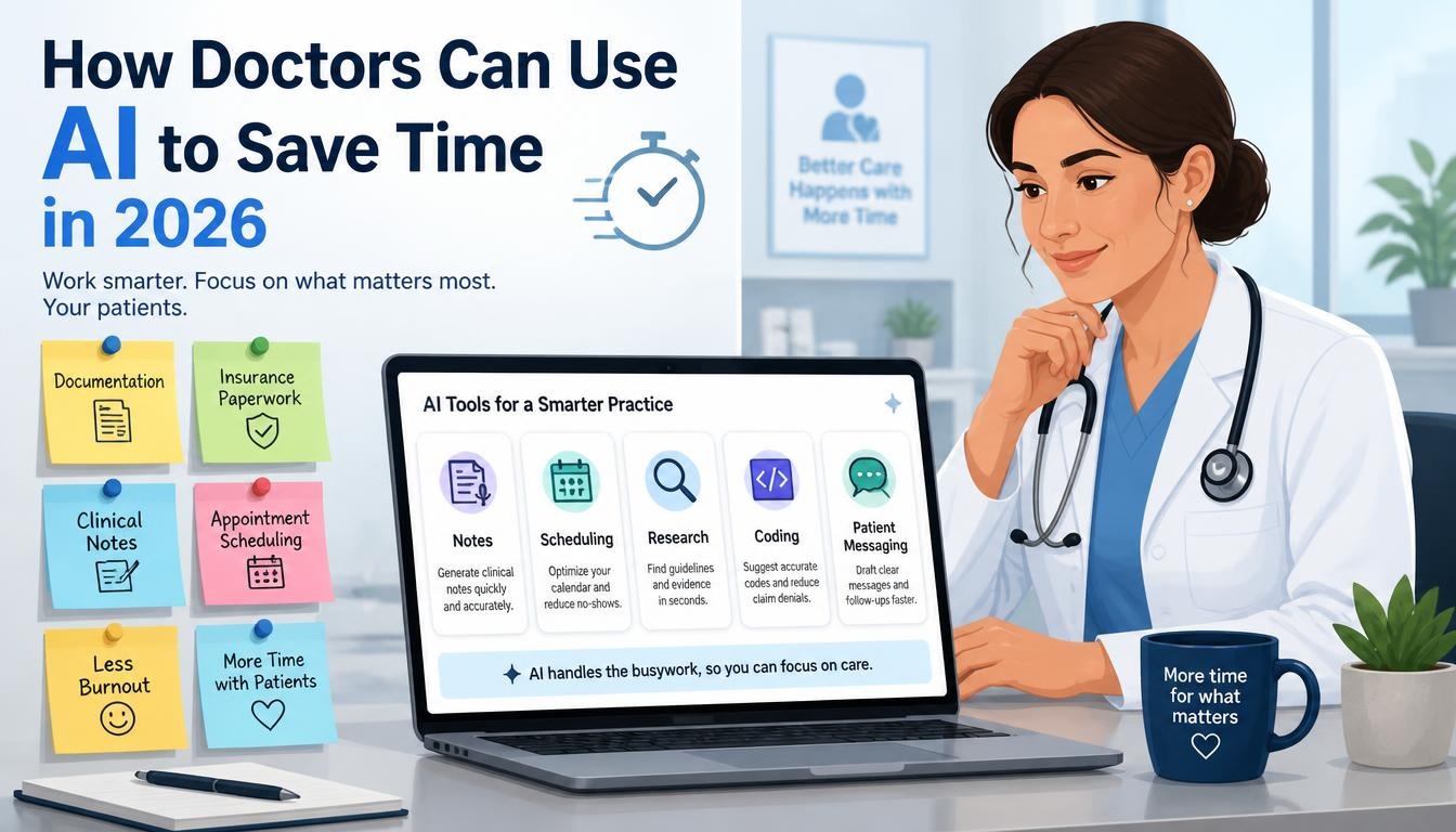 Doctor using AI tools to save time in a busy modern clinic.