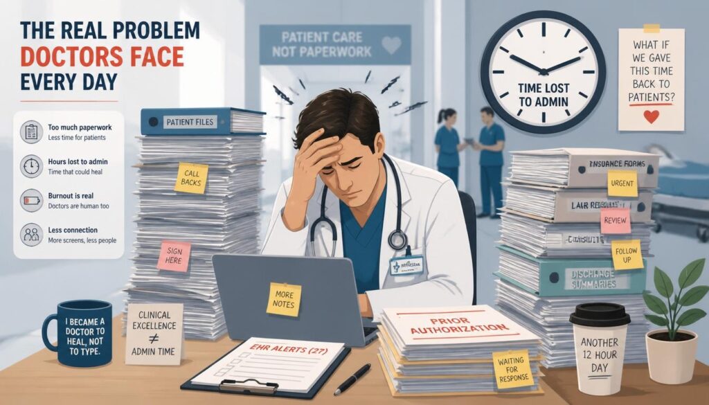 Doctor overwhelmed by paperwork, showing the daily burden behind physician burnout.