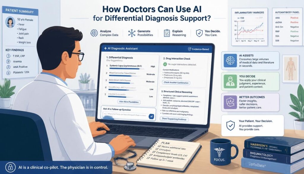 Doctor using AI as a thinking partner for complex differential diagnosis support.