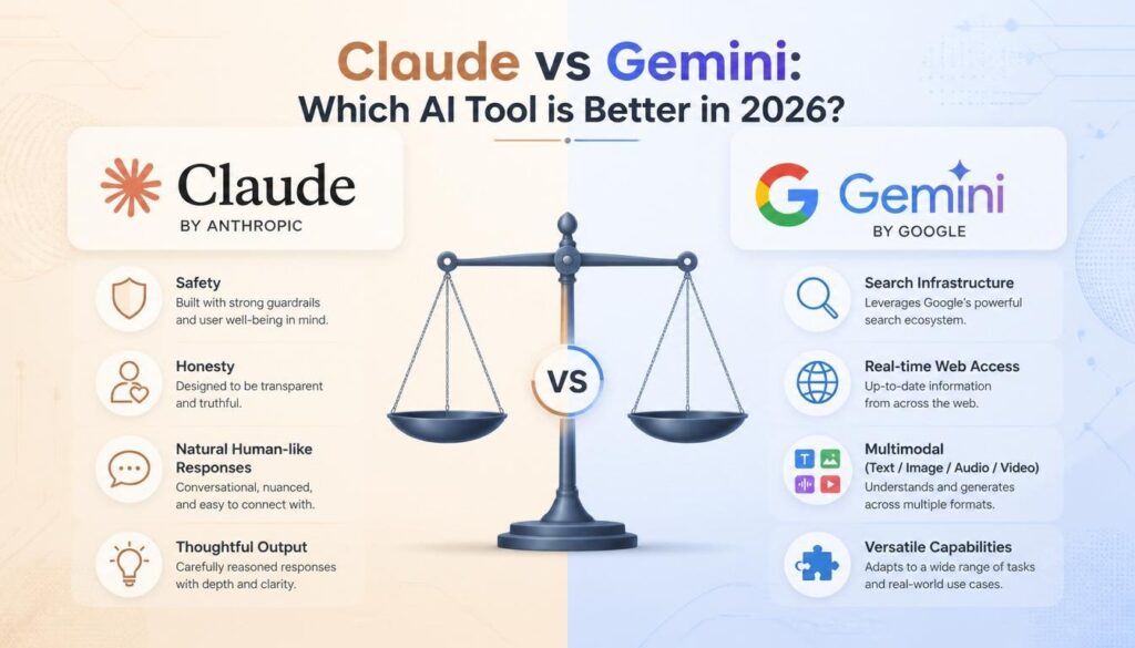 Modern comparison of Claude and Gemini in 2026 with safety and natural writing for Claude and real time search for Gemini.