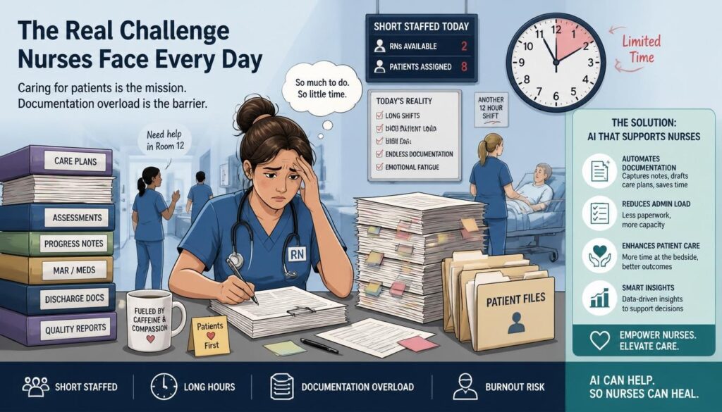 Nurse overwhelmed by paperwork, showing the daily burden of documentation and staffing shortages.
