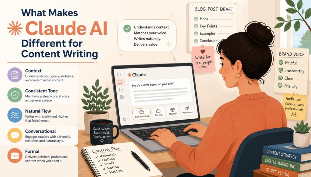 Claude AI helping a writer create natural, brand-aligned content.