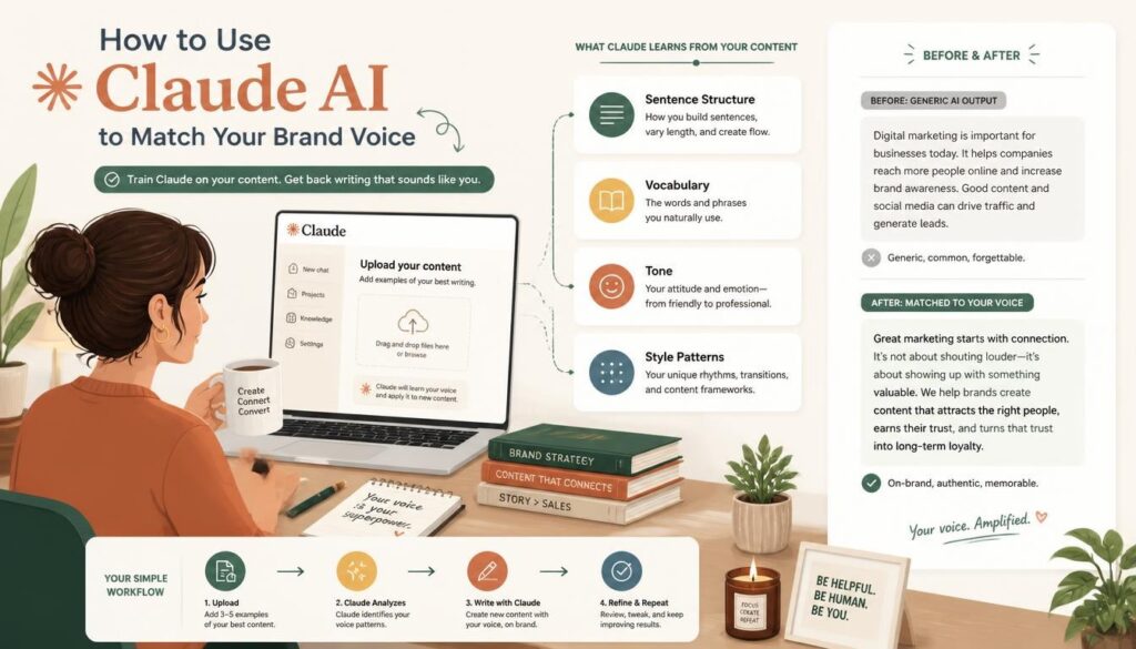 Claude AI adapting a writer’s brand voice from sample content.