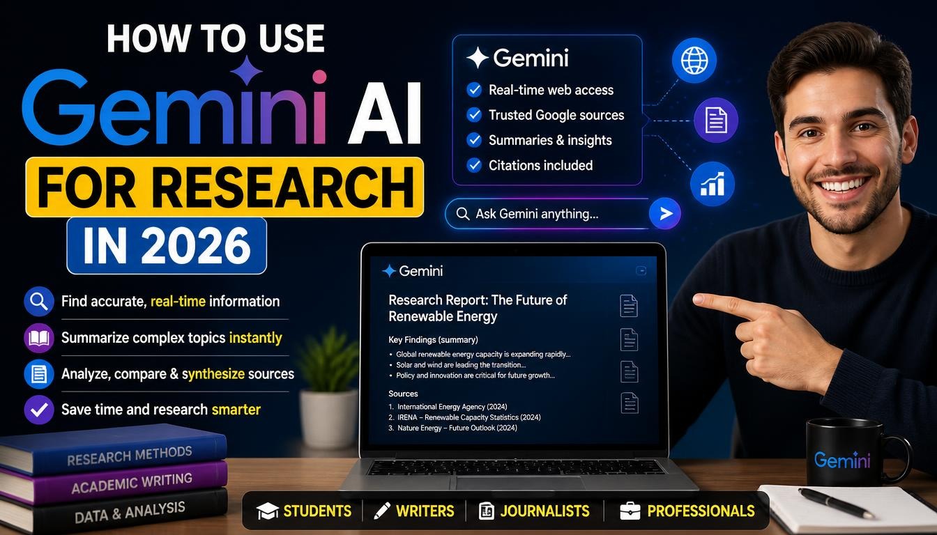 A researcher uses Gemini AI to search sources, compare information, and turn results into a clear research report.