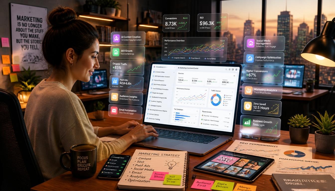 Marketer using AI tools to build campaigns, analyze data, and target audiences faster.