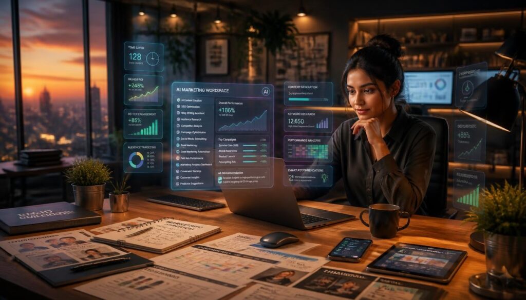 Digital marketer using AI tools to improve campaign performance and ROI.