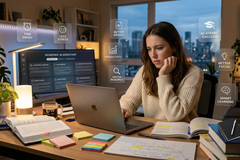 College student using AI tools to manage coursework and reduce stress.
