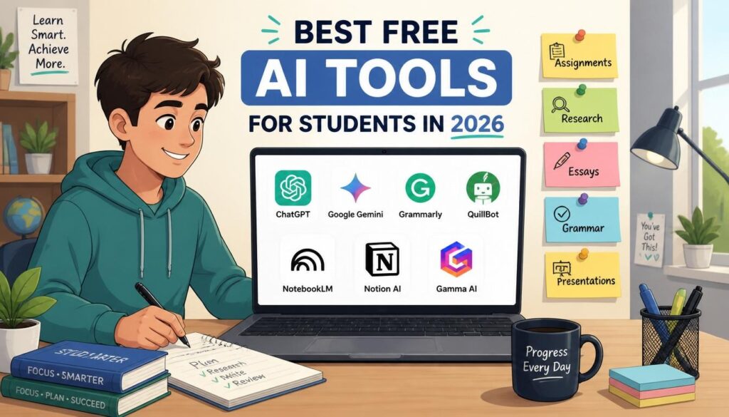 Modern illustration of best free AI tools for students in 2026 with study, research, writing and learning icons.
