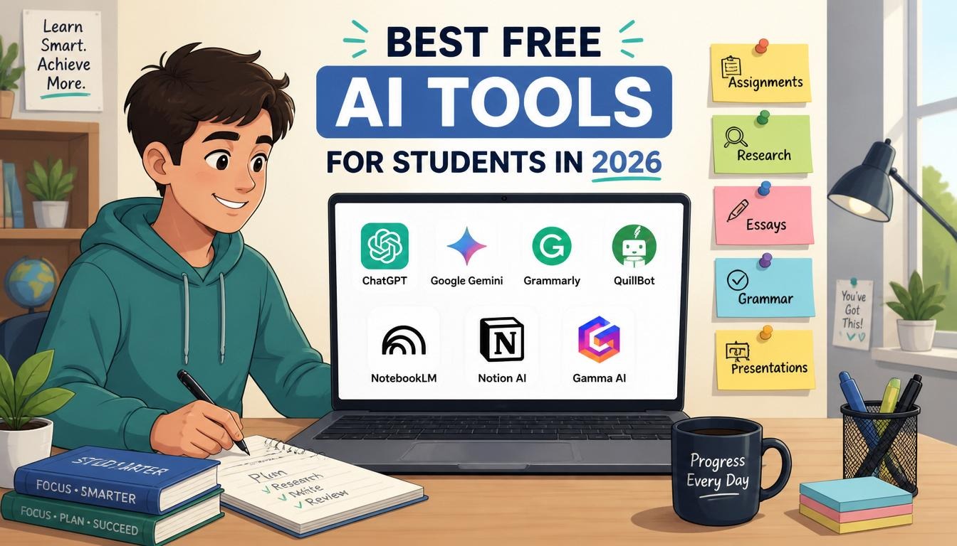 Modern illustration of best free AI tools for students in 2026 with study, research, writing and learning icons.