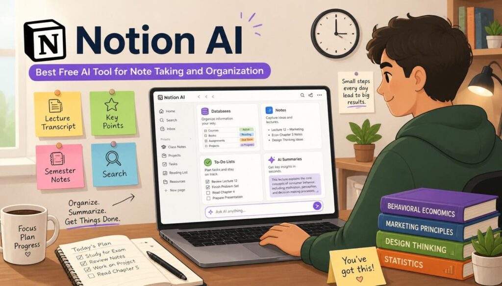 Modern illustration of Notion AI as best free AI tool for note taking organization lectures and databases.