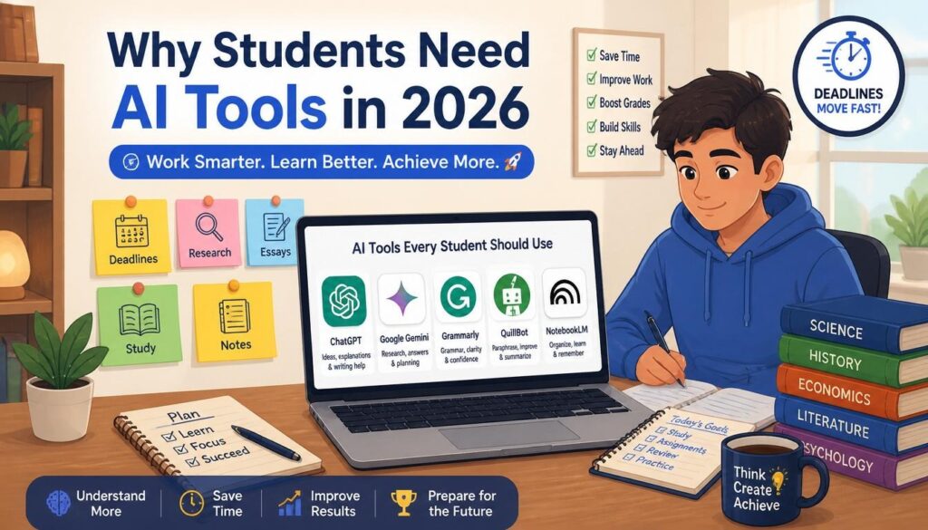 Modern illustration of why students need AI tools in 2026 for study deadlines research writing and learning.