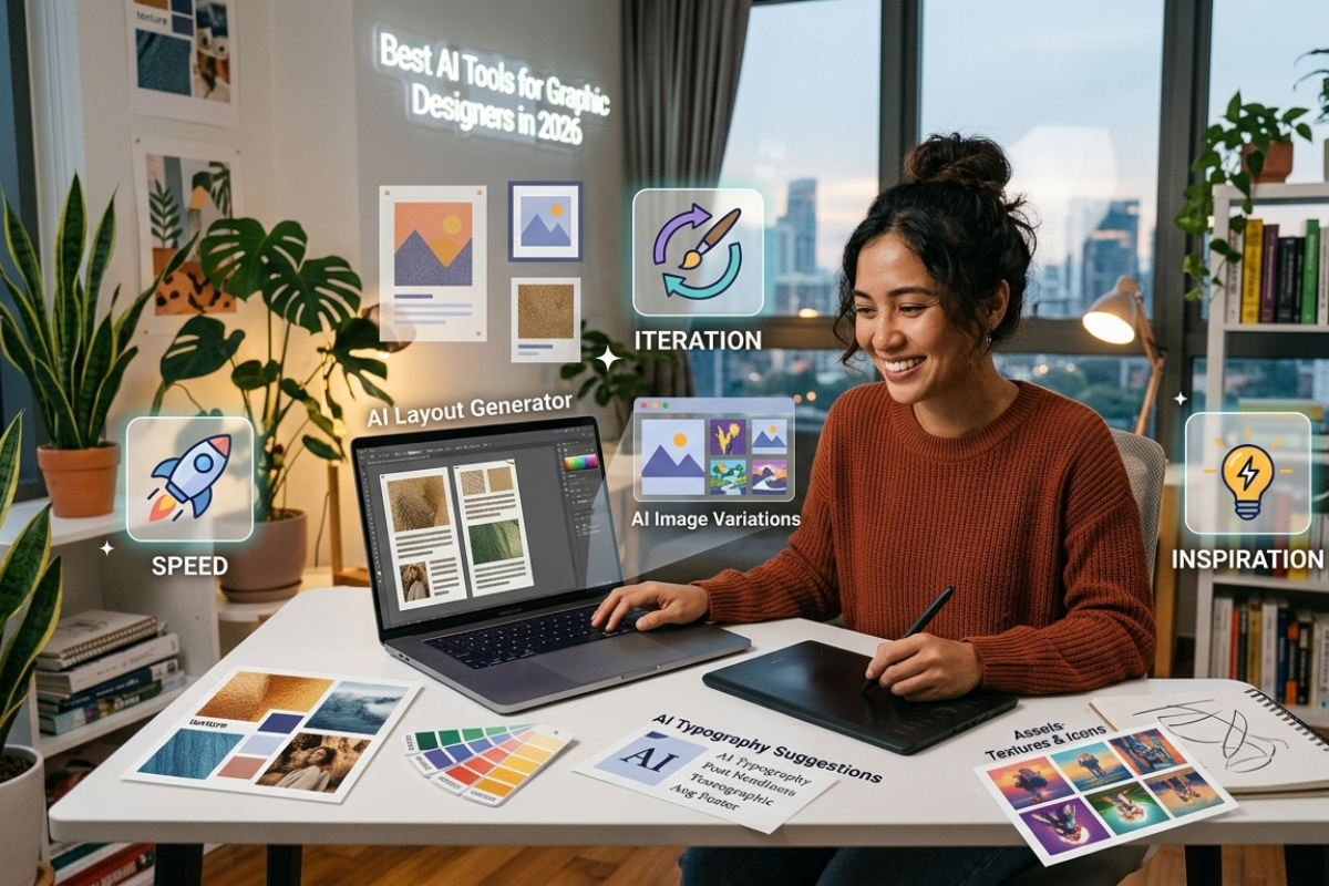 Graphic designer using AI tools to create faster visual concepts and variations.