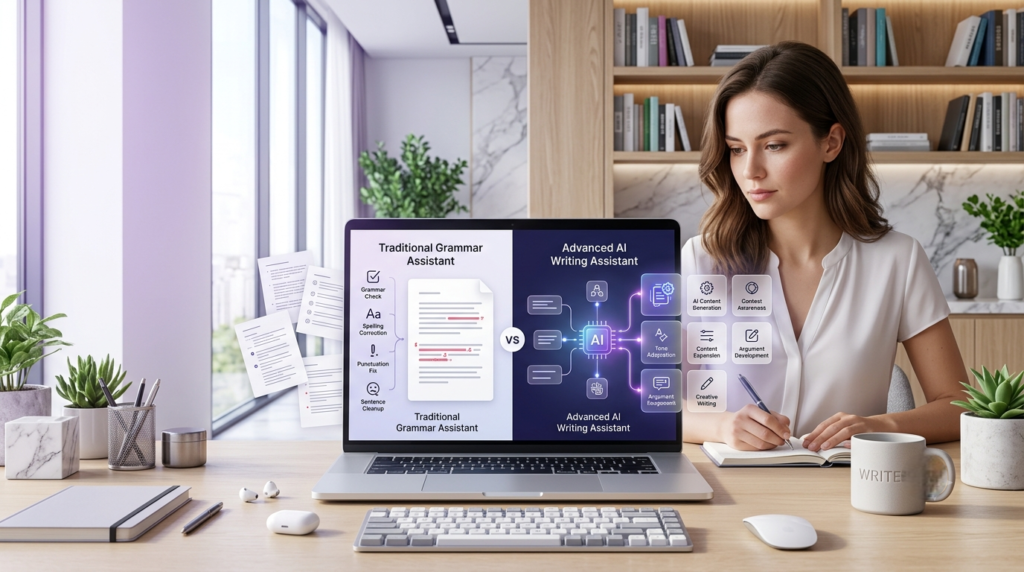 Grammarly catches errors while AI writing tools generate content and ideas.