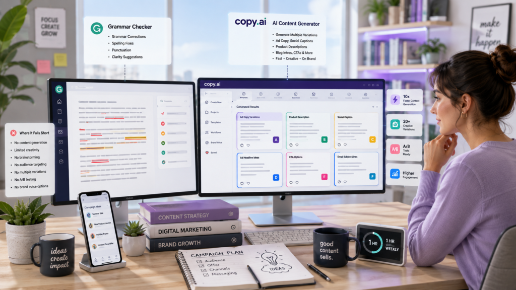 Copy.ai generating multiple marketing copy variations faster than Grammarly.