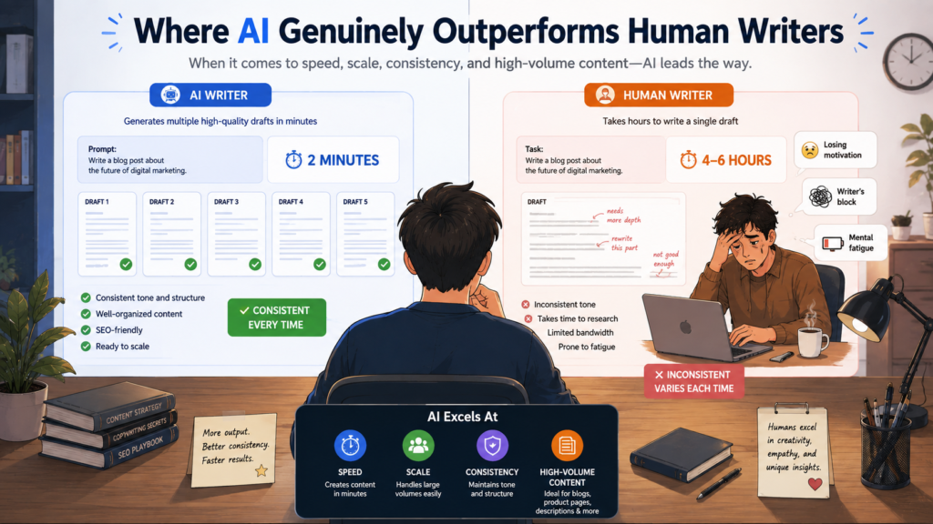 AI writing faster and more consistently than humans at scale.